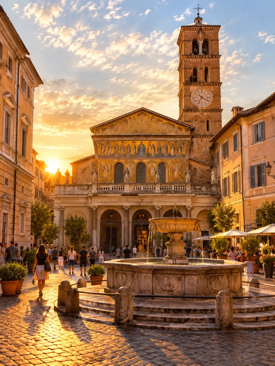 Die Piazza di Santa Maria in Trastevere und die Mosaikfassade ihrer Basilika in der goldenen Stunde