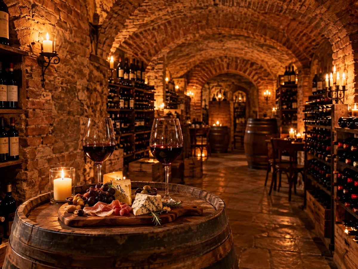 Gläser mit Rotwein und Käse in einem kerzenbeleuchteten Weinkeller aus Backstein