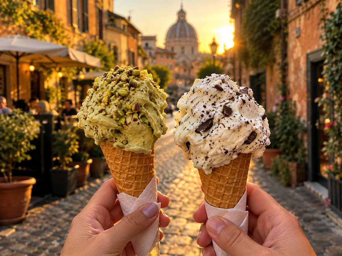 Zwei Gelato-Waffeln, Pistazie und stracciatella, hochgehalten in einer goldenen Gasse in Trastevere