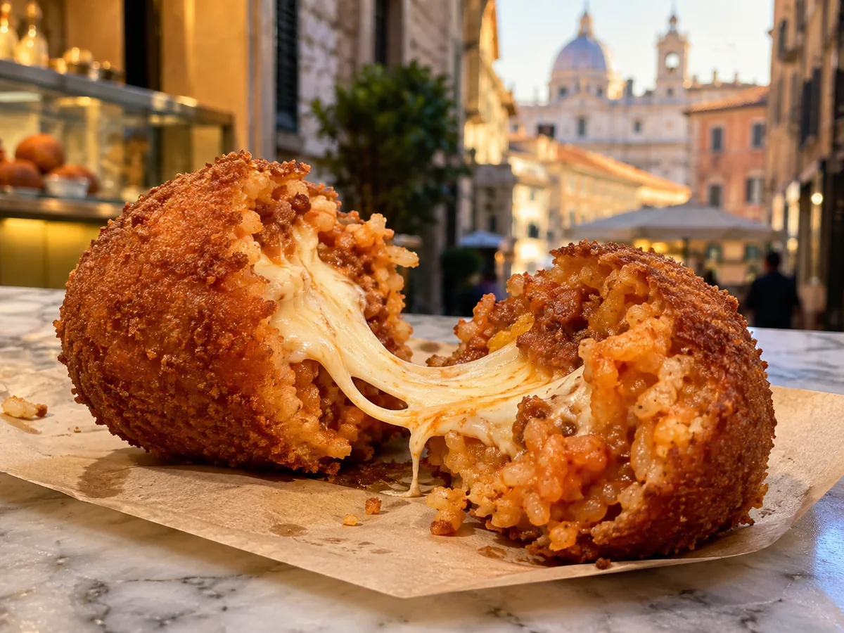 Ein aufgebrochenes supplì mit langgezogenem Mozzarella auf einer Marmortheke